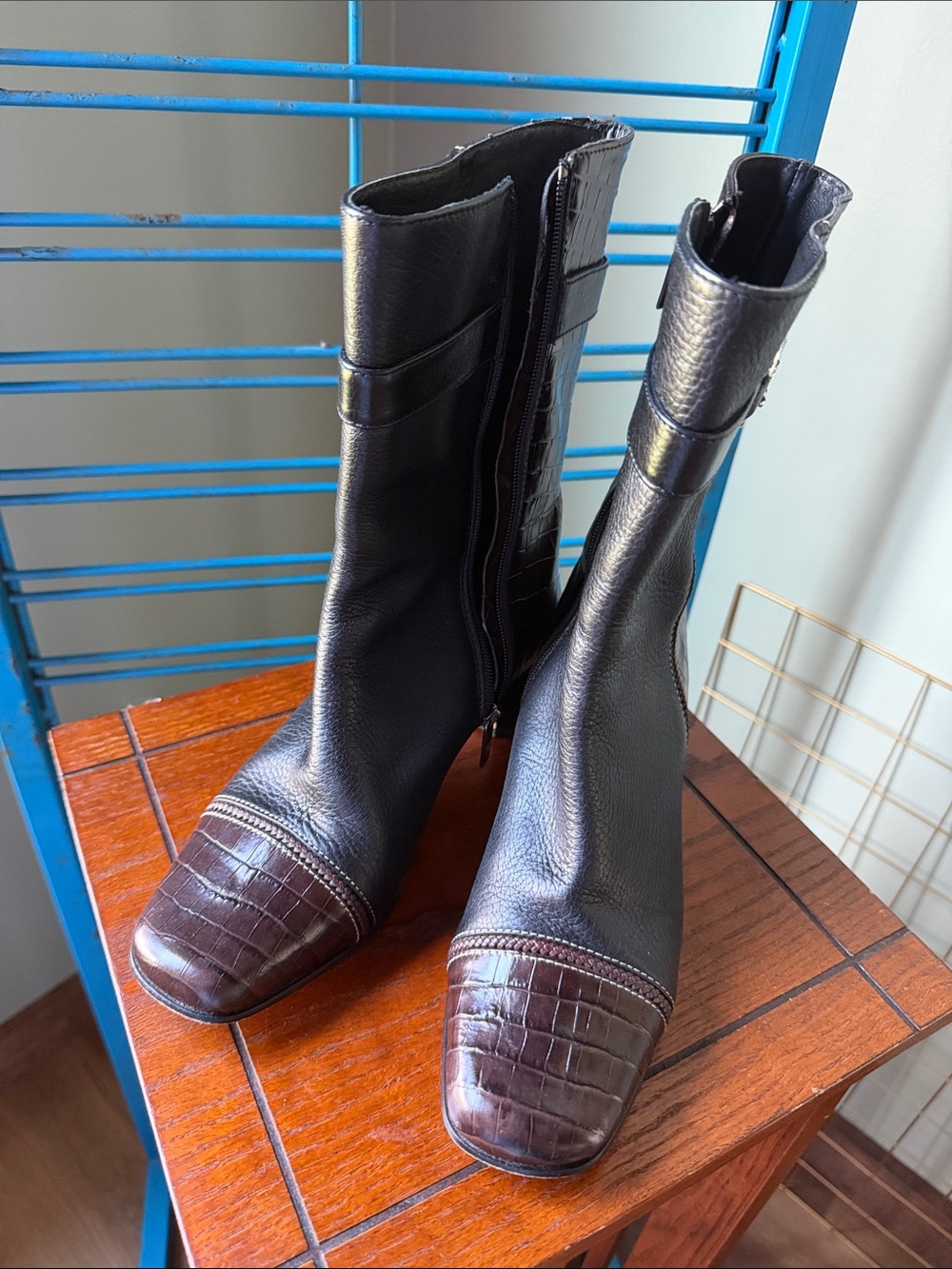 Brighton Black Leather Mid-Calf Boots with Brown Croc Toe